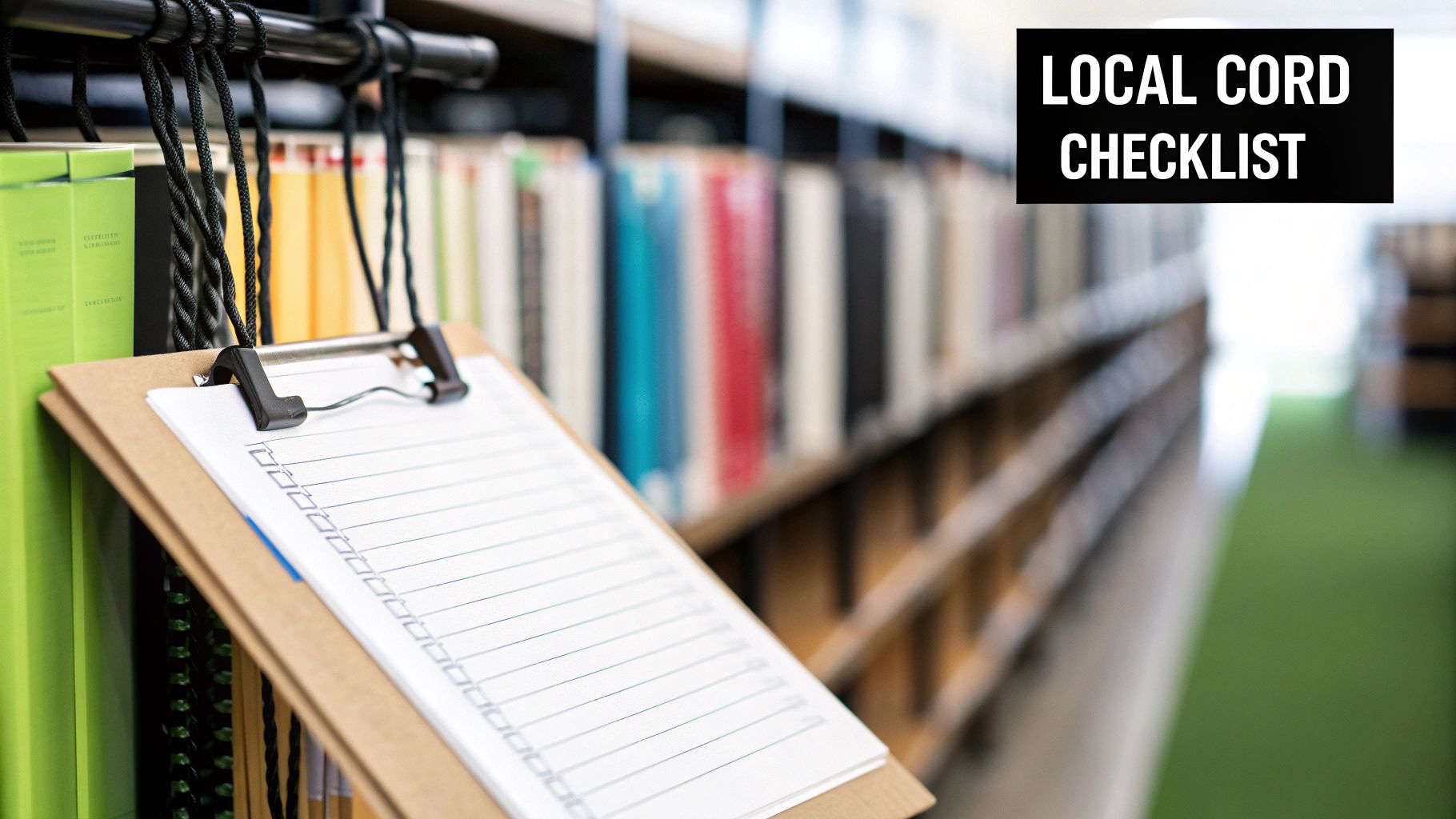 A blank checklist on a clipboard hangs in a library with blurred books.