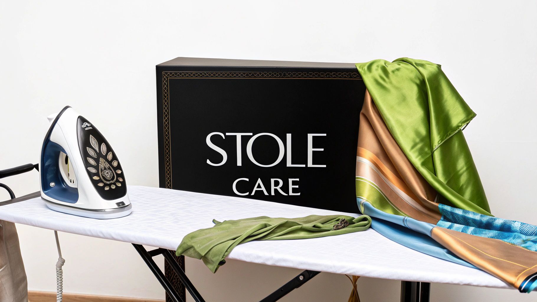 Ironing board with an iron, a 'STOLE CARE' box, and colorful silky stoles.