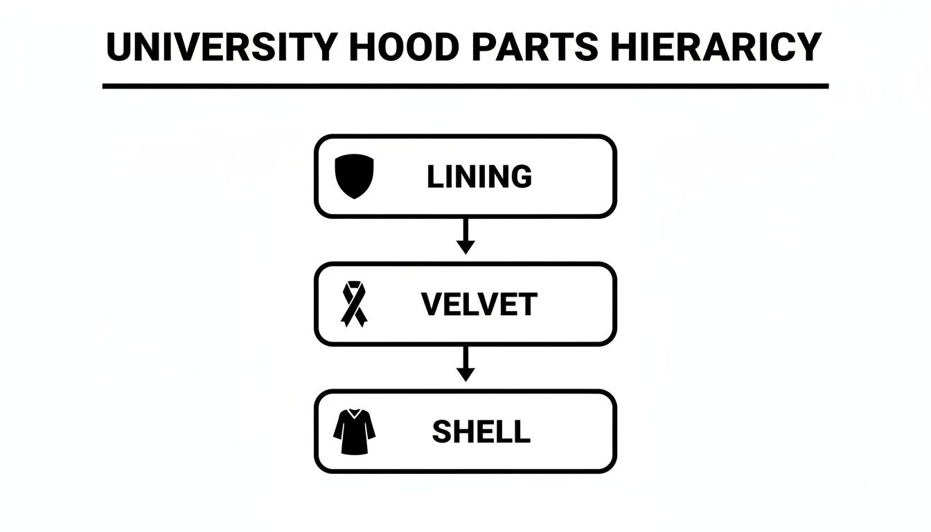Diagram illustrating the hierarchy of university hood parts: Lining, Velvet, and Shell, shown with connecting arrows.