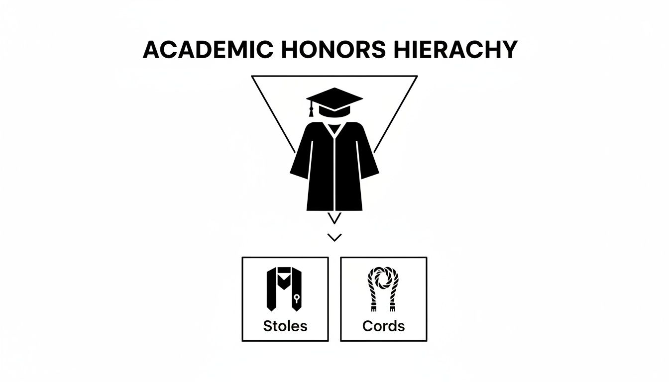 An academic honors hierarchy diagram showing a graduate in cap and gown, stoles, and cords.