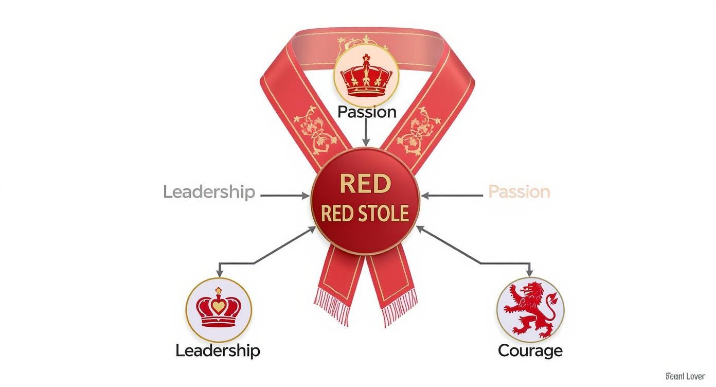 A red stole diagram illustrating concepts of Passion, Leadership, and Courage associated with a red stole.