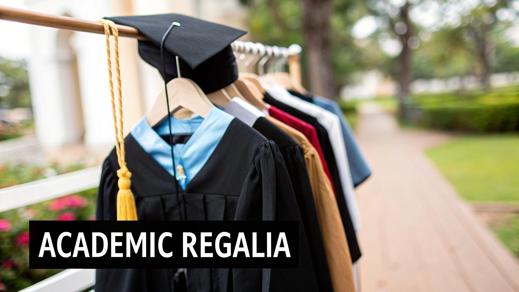 Academic regalia, including black graduation gowns, colorful hoods, and a mortarboard, hanging on a rack outdoors.