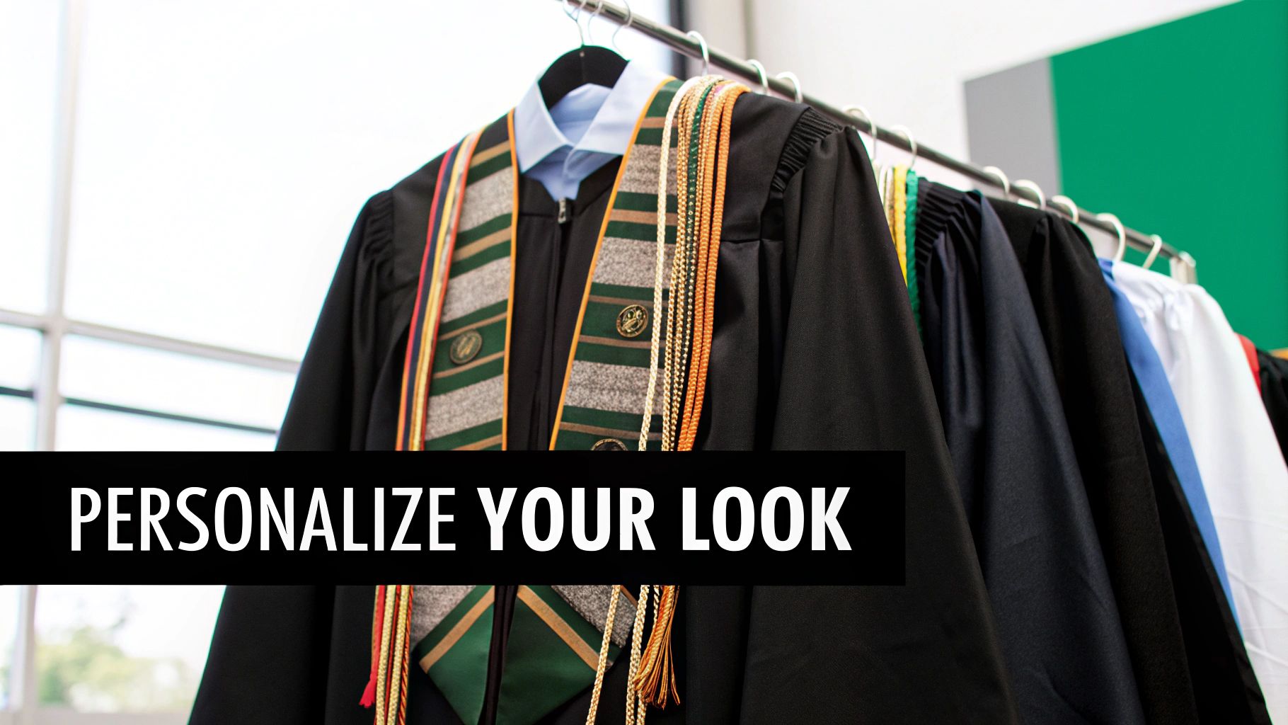 A black graduation gown with stoles and academic cords hanging on a rack, showcasing personalized regalia.