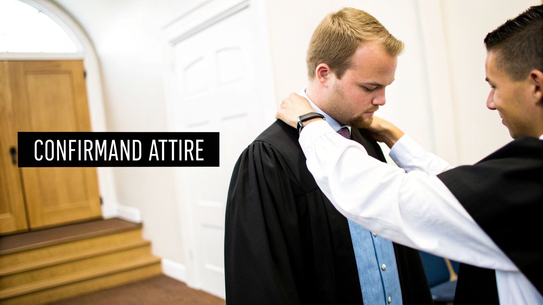 Two young men in formal attire, one helping the other put on a black confirmation robe.