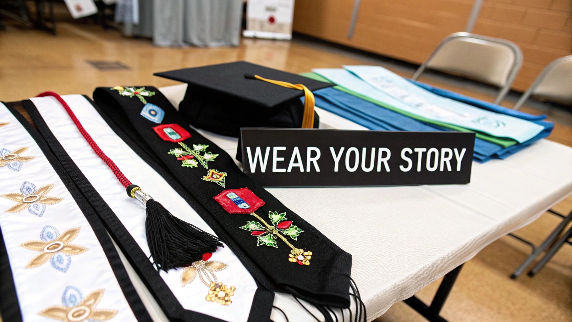 Graduates proudly displaying their custom graduation stoles and sashes.