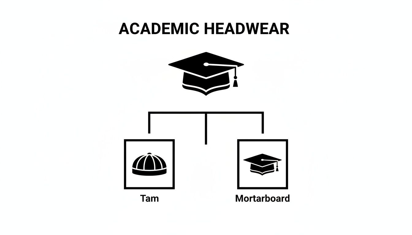 A black and white diagram illustrating academic headwear types, showing a graduation cap, tam, and mortarboard.