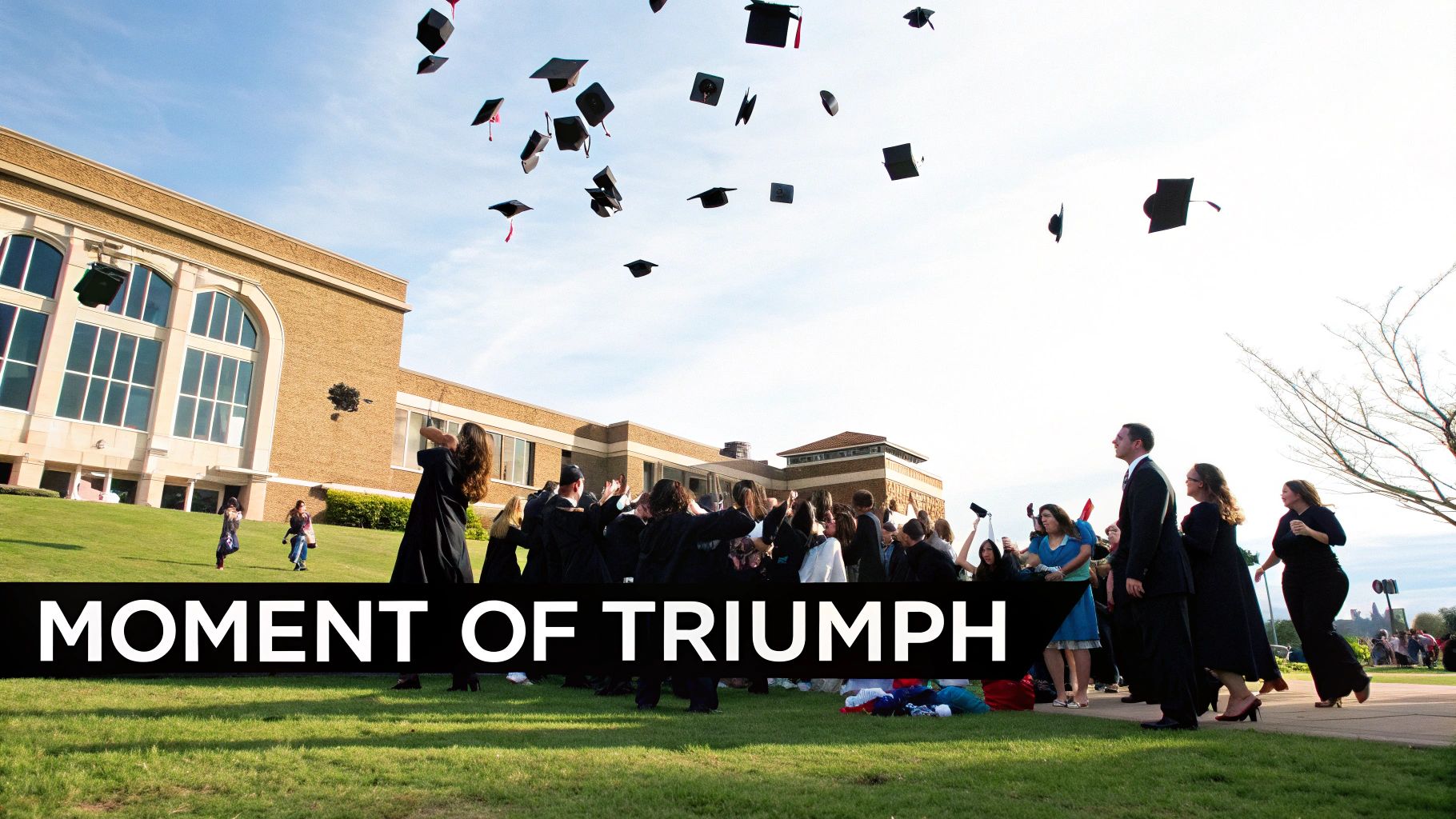 Group of graduates tossing their caps into the air at a graduation ceremony.