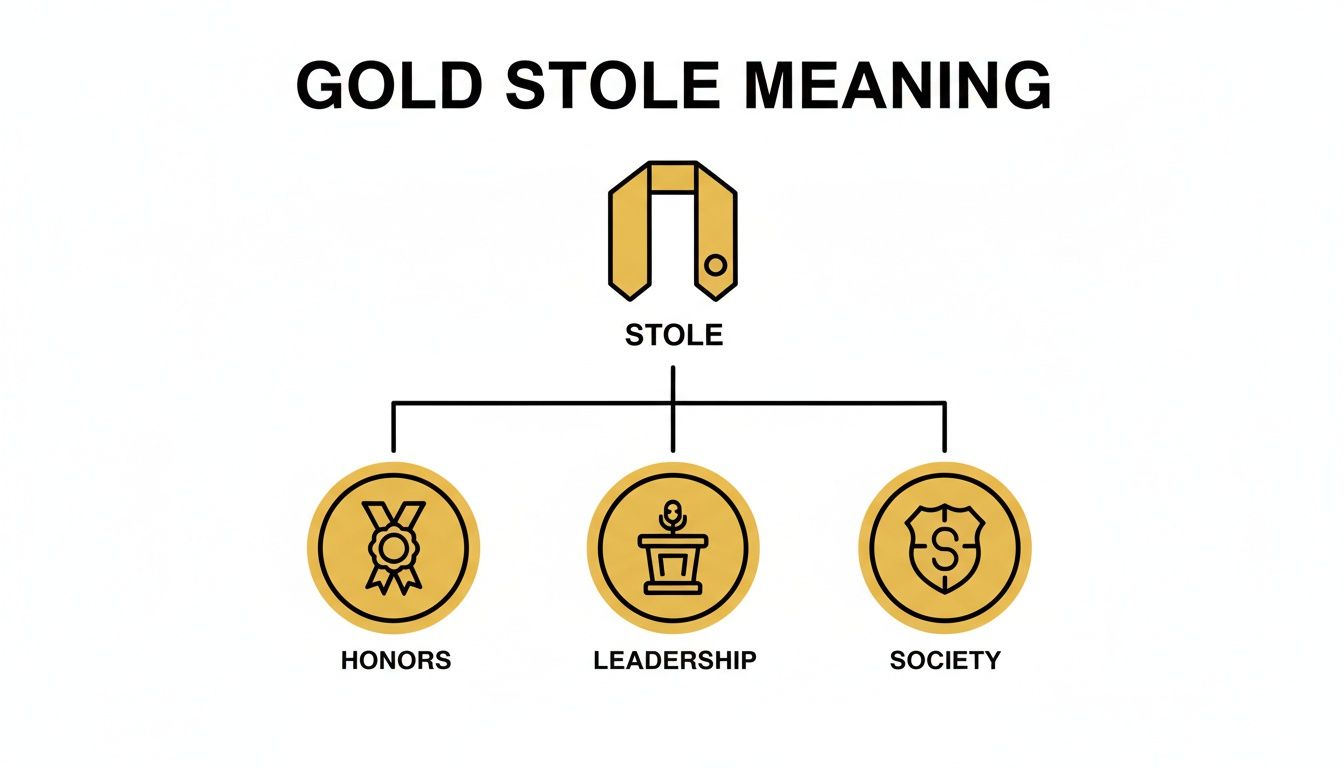 A diagram visually explaining the meaning of a gold graduation stole, representing honors, leadership, and society.
