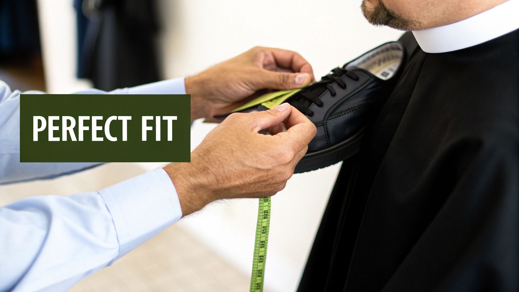 Hands fitting a black shoe with a measuring tape next to a person in a clerical cassock.