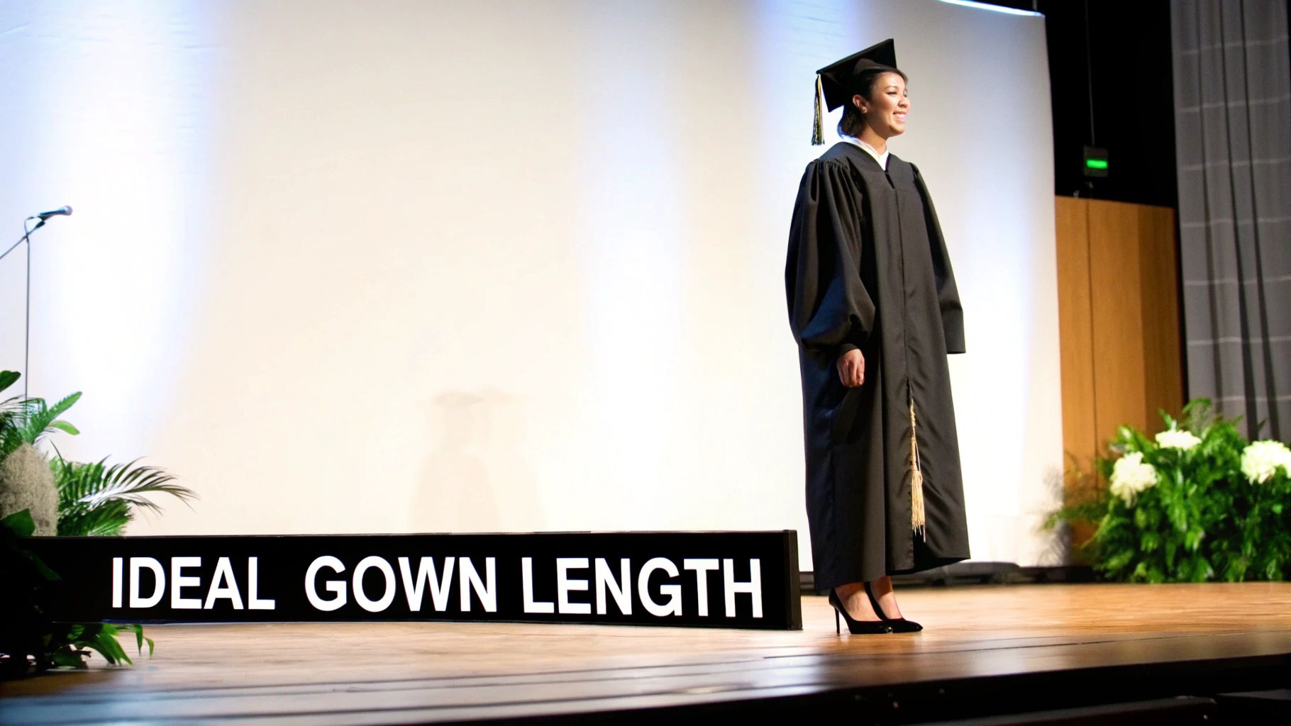 Female graduate standing on stage demonstrating proper graduation gown length reaching mid-calf in heels