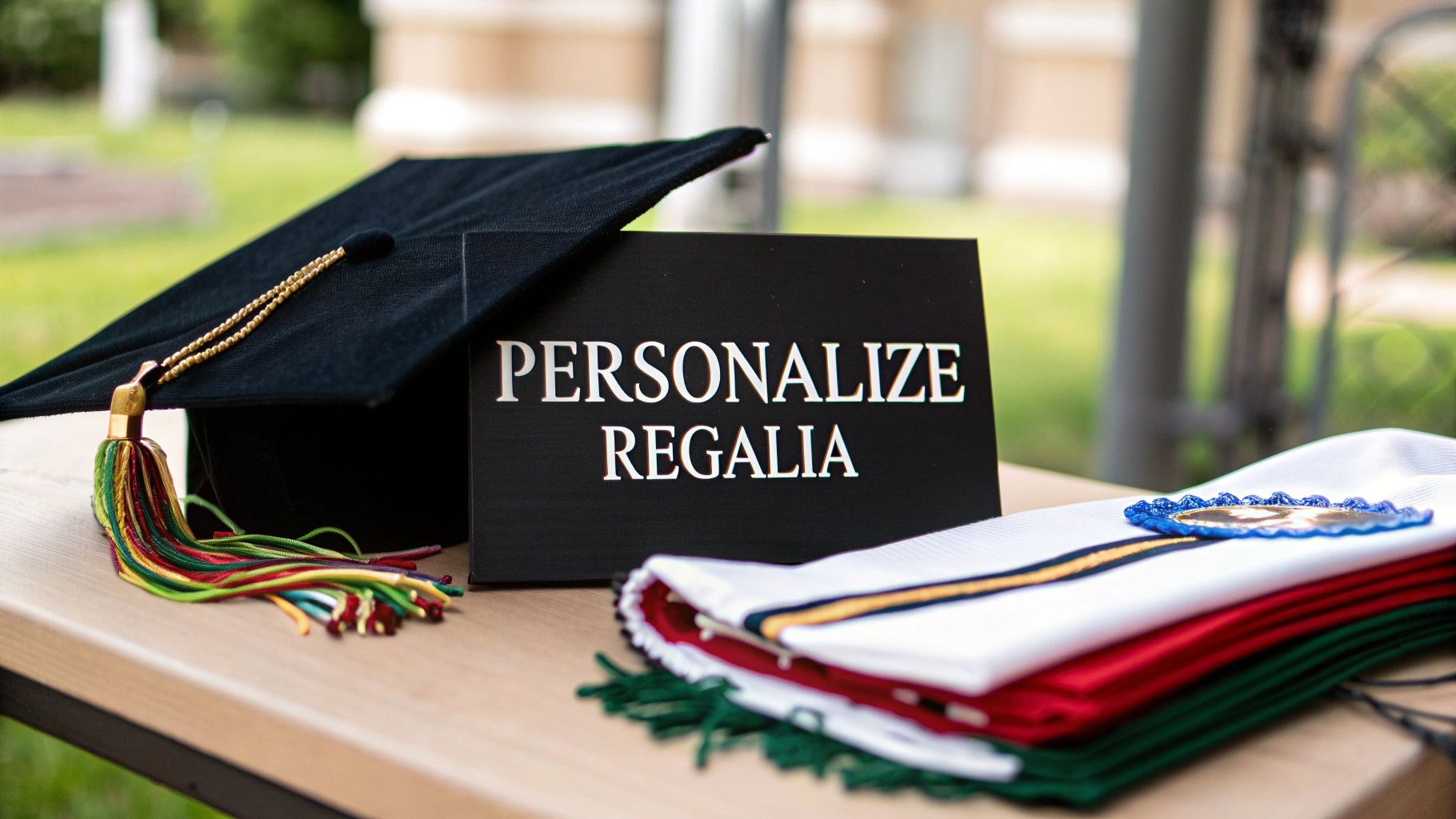A black graduation cap with a colorful tassel, a sign that says 'Personalize Regalia', and stacked academic stoles.