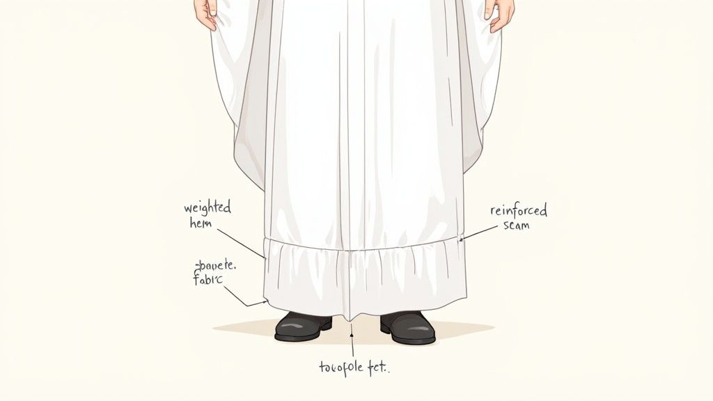 Diagram illustrating the lower portion of a white robe, highlighting a weighted hem, fabric, reinforced seam, and foot details.