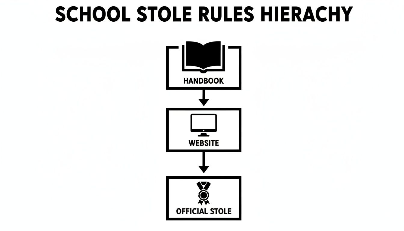A flowchart illustrating the hierarchy of school stole rules, from the handbook to the website to the official stole.