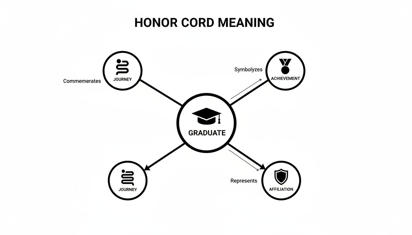 Diagram illustrating the meaning of honor cords for a graduate, symbolizing journey, achievement, and affiliation.