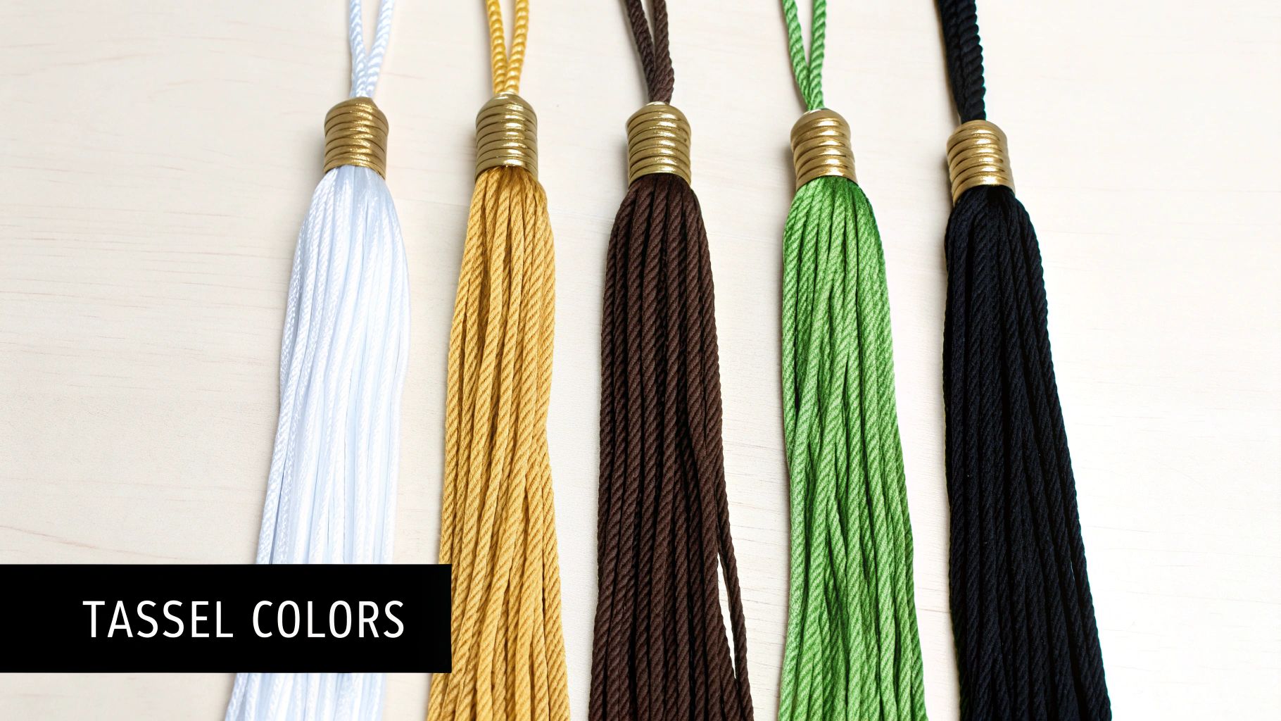 Five colorful graduation tassels in white, gold, brown, green, and black on a light wooden background.