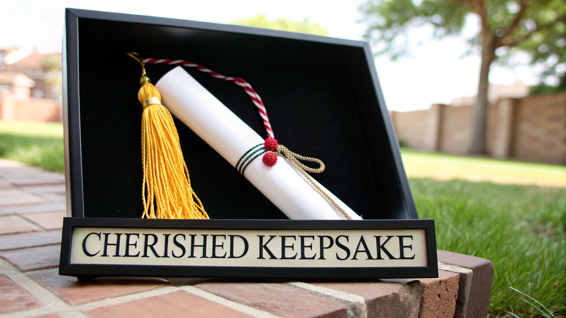 A black keepsake box containing a rolled diploma, golden graduation tassel, and decorative cords.