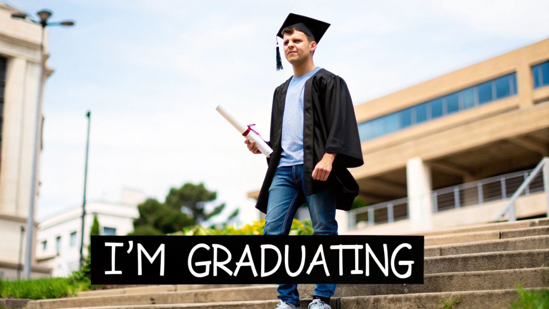 A smiling graduate in cap and gown holds a diploma on campus steps under a clear sky.