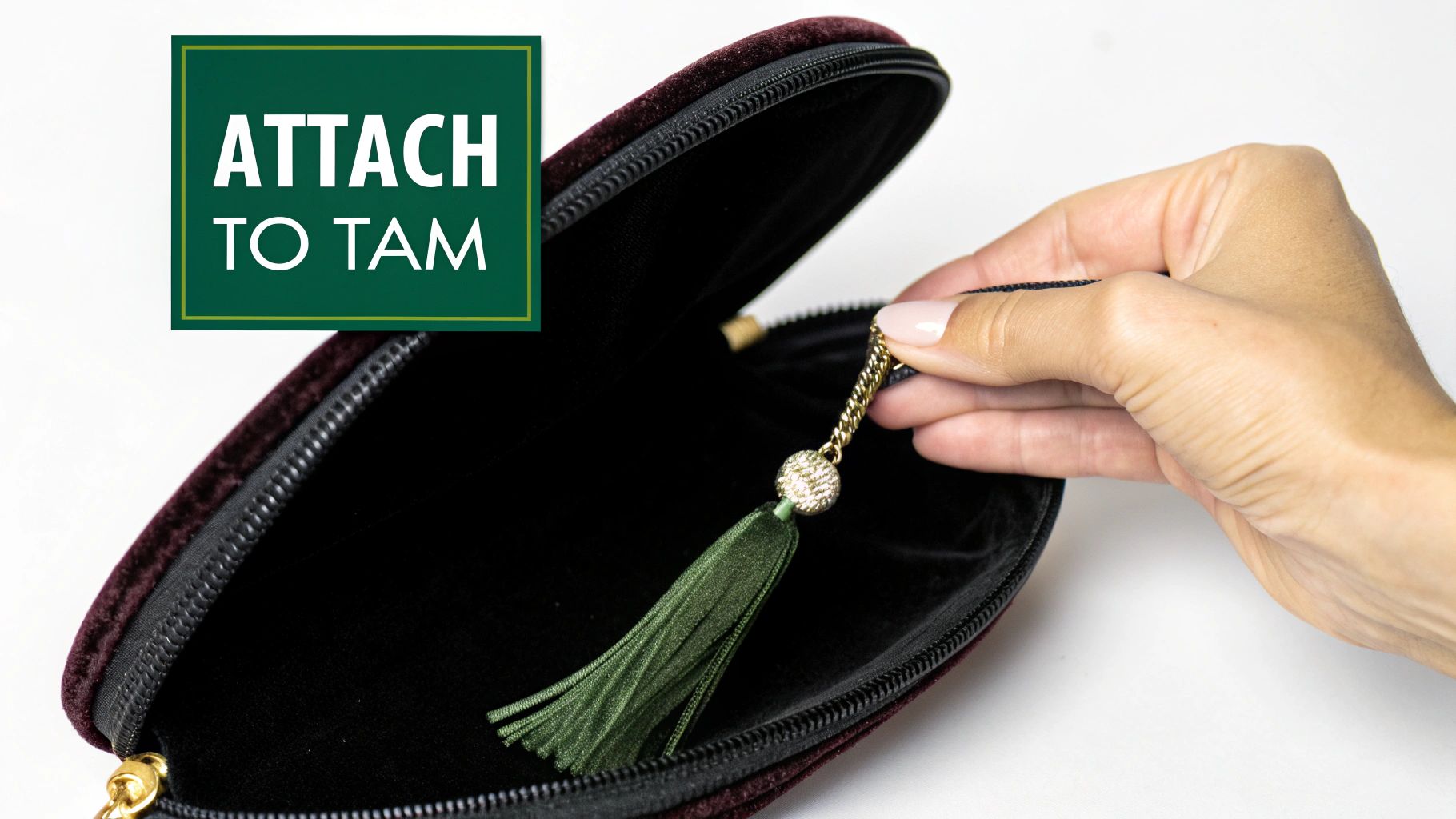 A hand holds a green tassel with a gold sparkly bead, inserting it into a dark red velvet pouch.