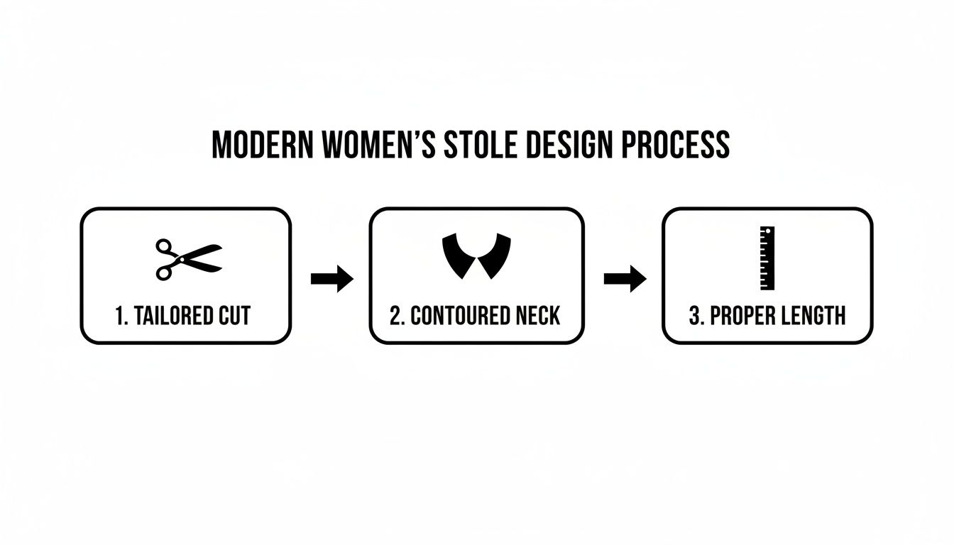Diagram illustrating the modern women's stole design process: tailored cut, contoured neck, and proper length.