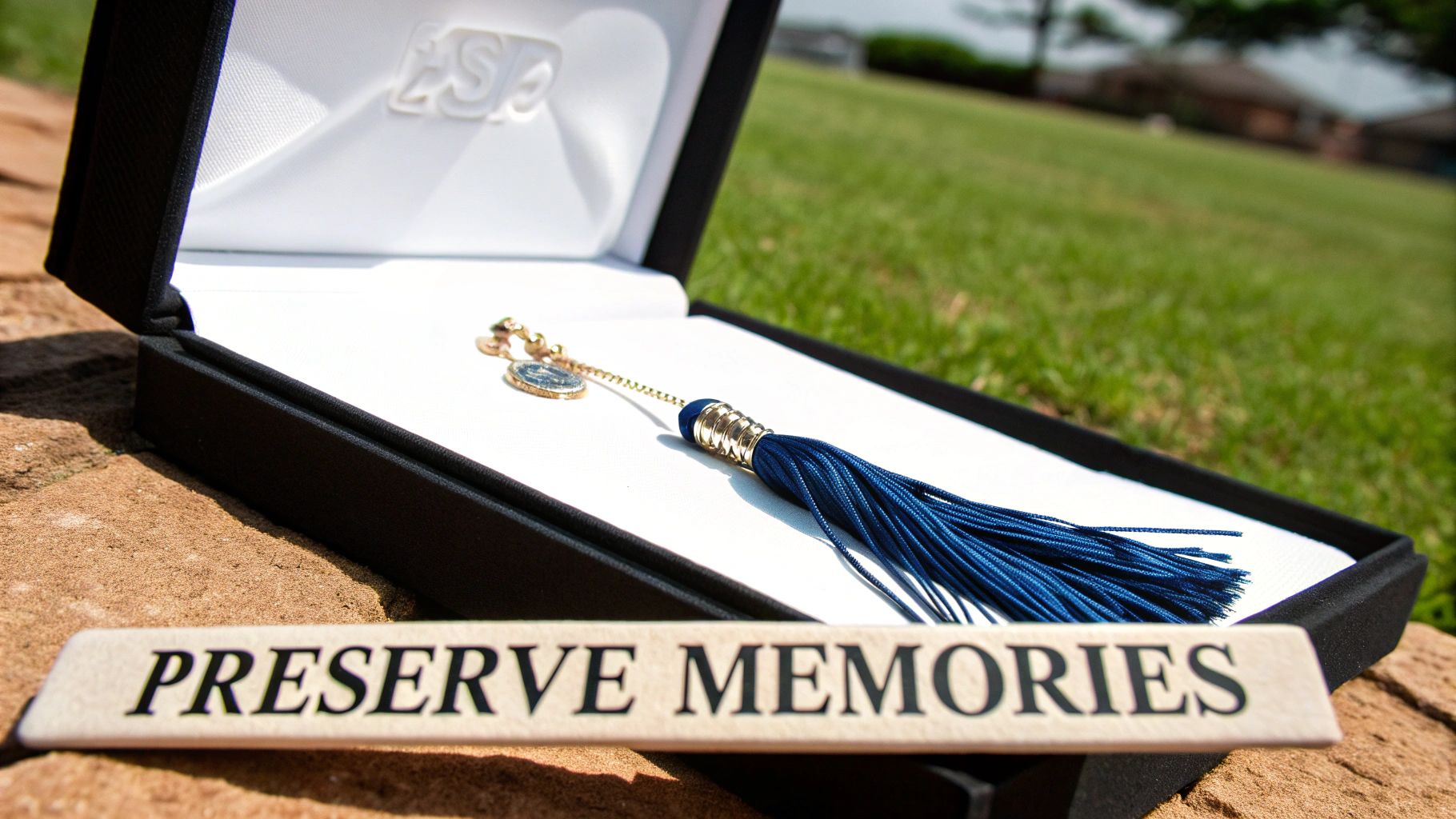 A blue graduation tassel with a gold charm rests in an open black box, next to a 'PRESERVE MEMORIES' sign.
