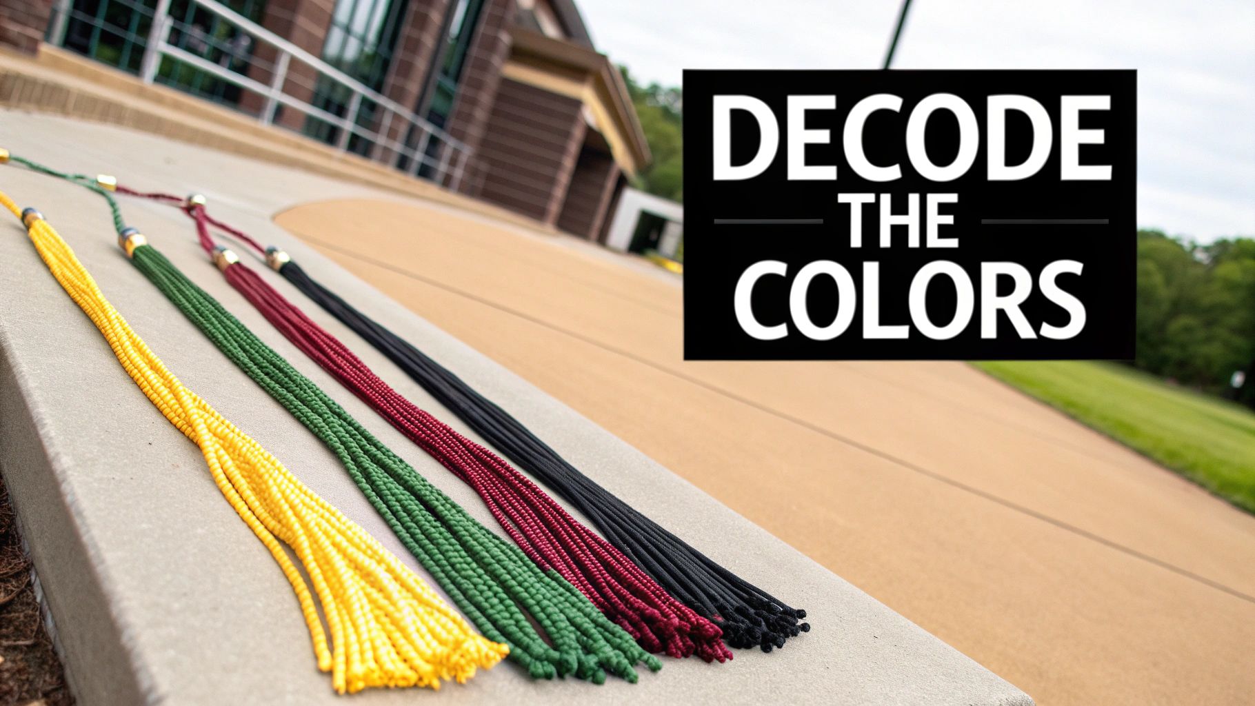Yellow, green, maroon, and black graduation honor cords displayed with 'DECODE THE COLORS' text overlay.