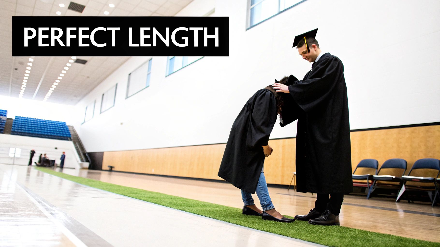 A male graduate in a black gown helps a female graduate adjust her cap in a large hall.