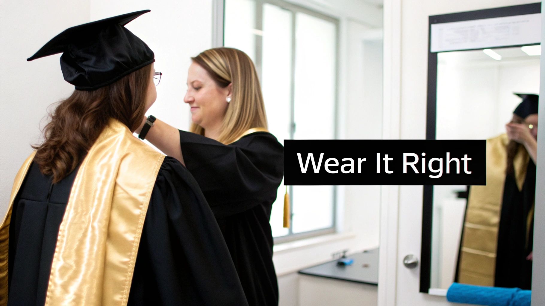 Two women preparing for graduation, one adjusting a gold stole on a student in a black gown.