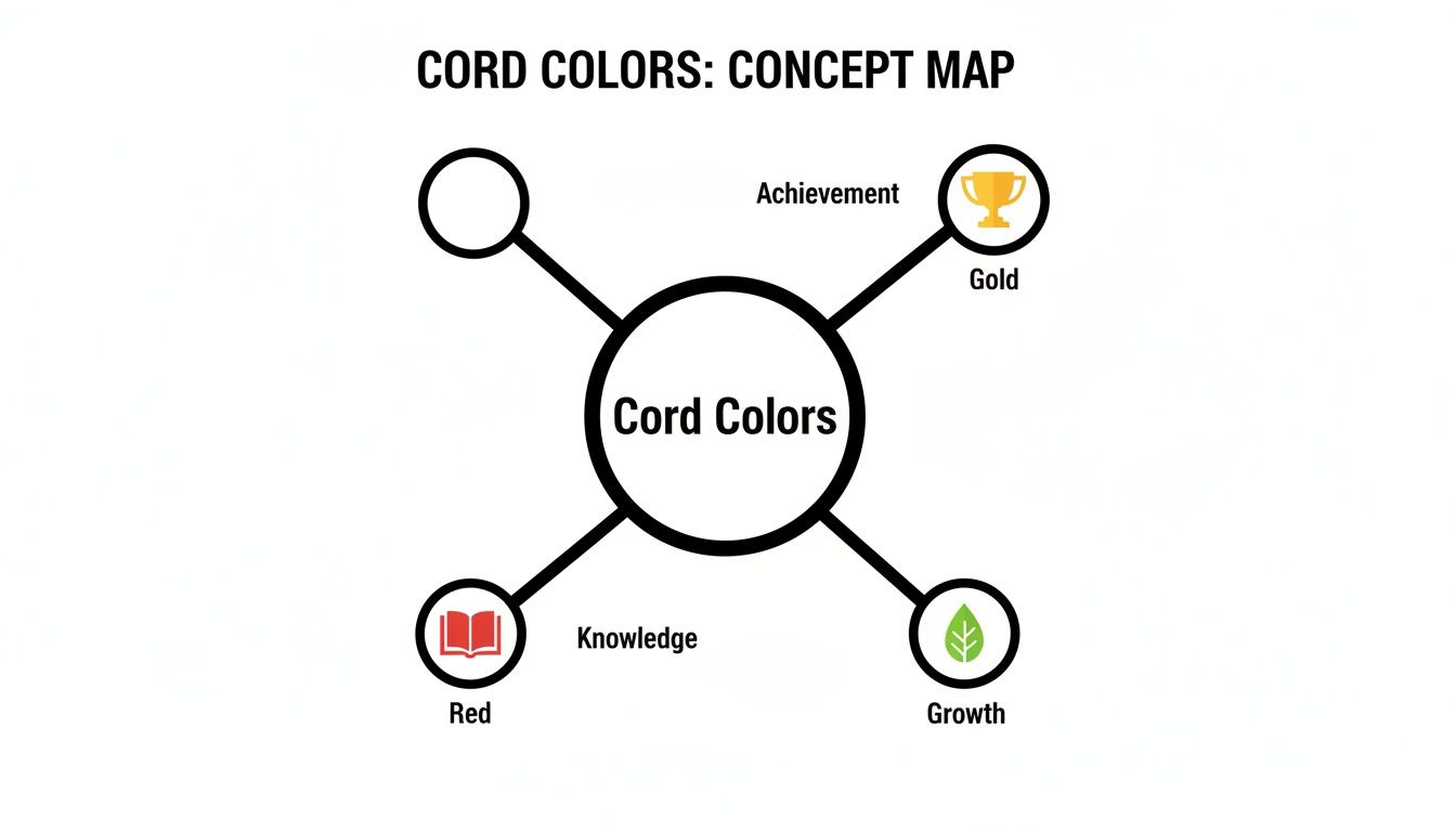 Concept map illustrating cord colors and their meanings: Gold for Achievement, Red for Knowledge, Growth for green.