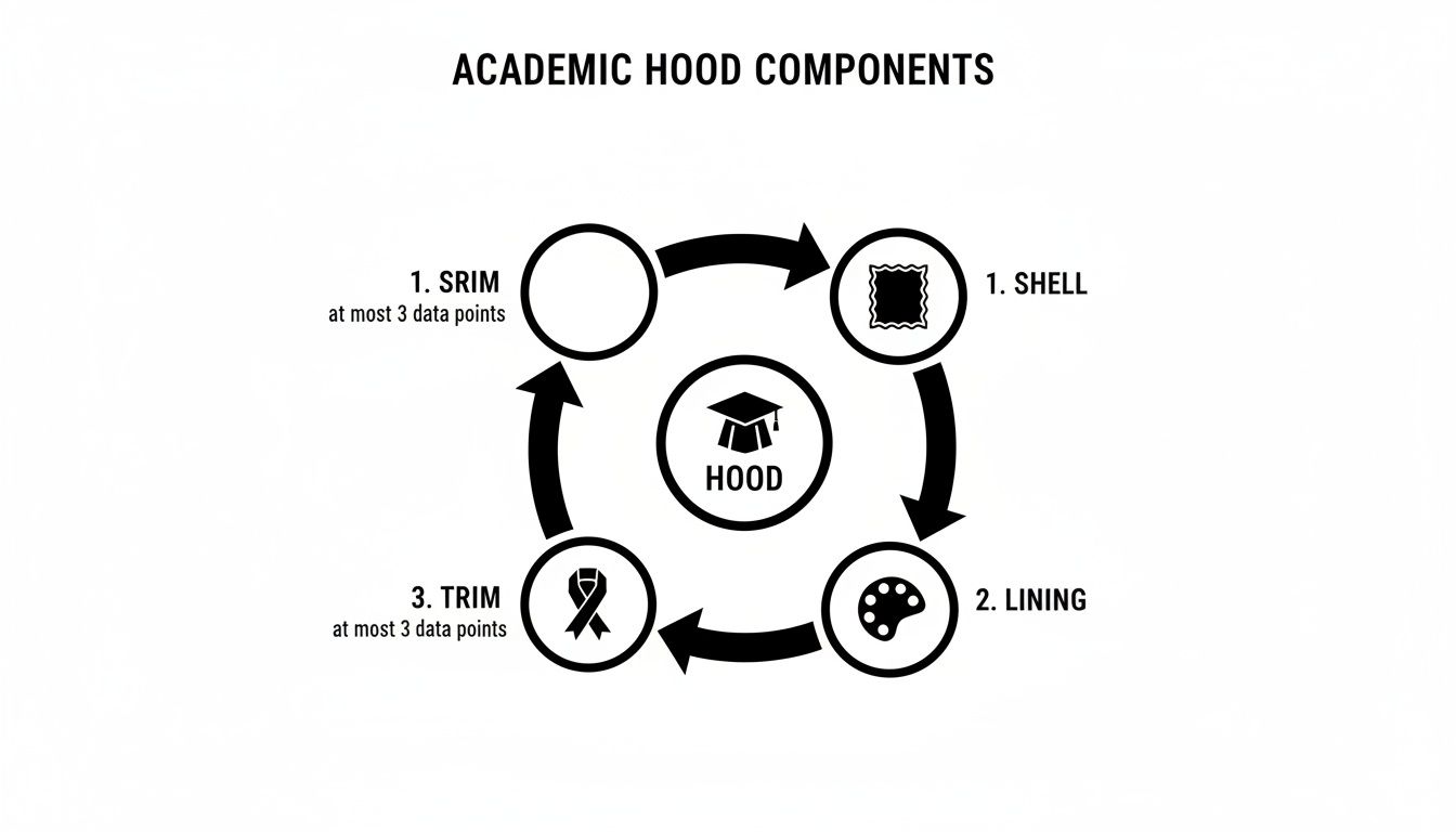 Diagram illustrating the four main components of an academic hood: SRIM, SHELL, LINING, and TRIM.
