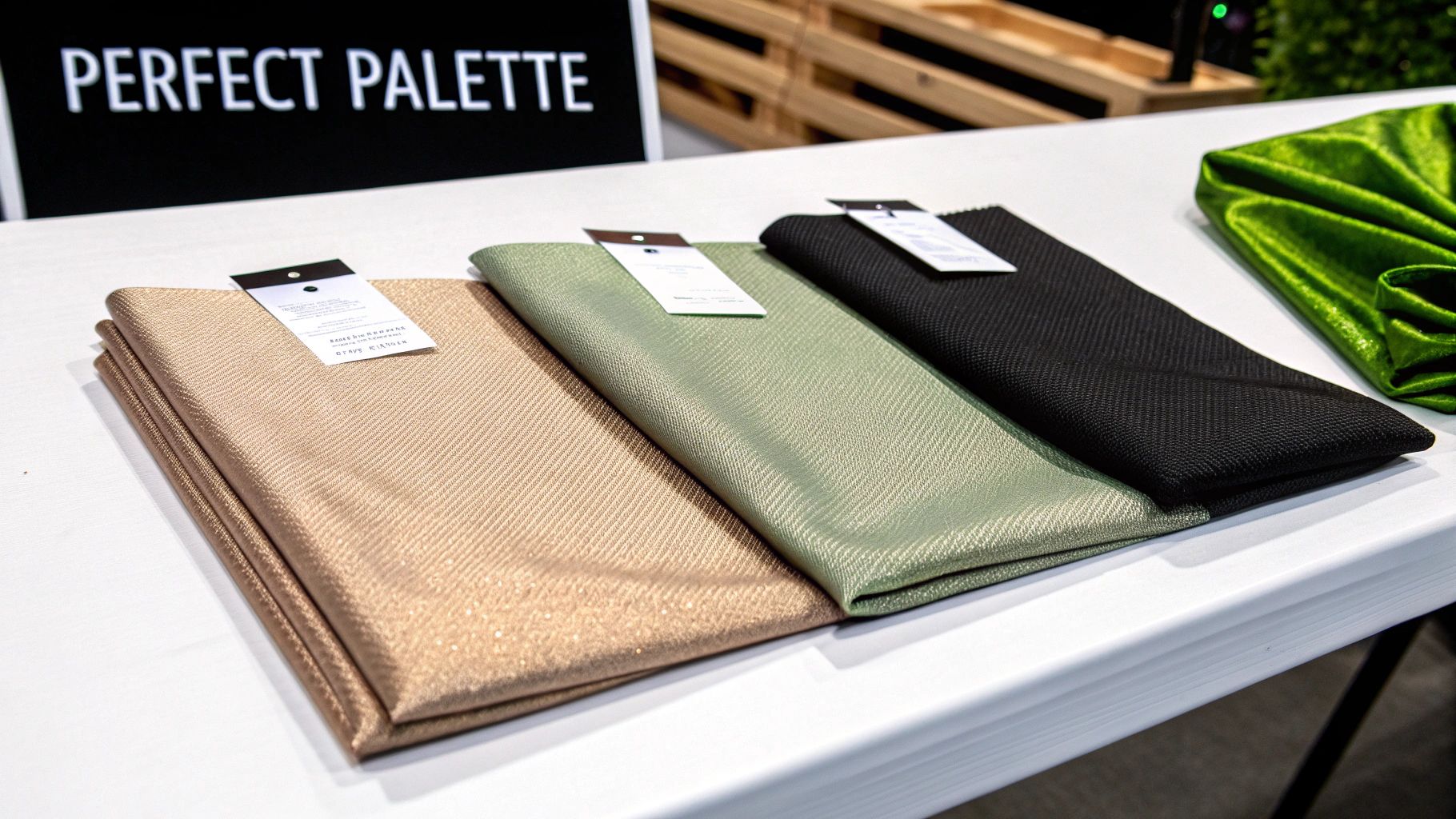 Folded fabric samples in different colors, including gold, green, and black, on a white display table.