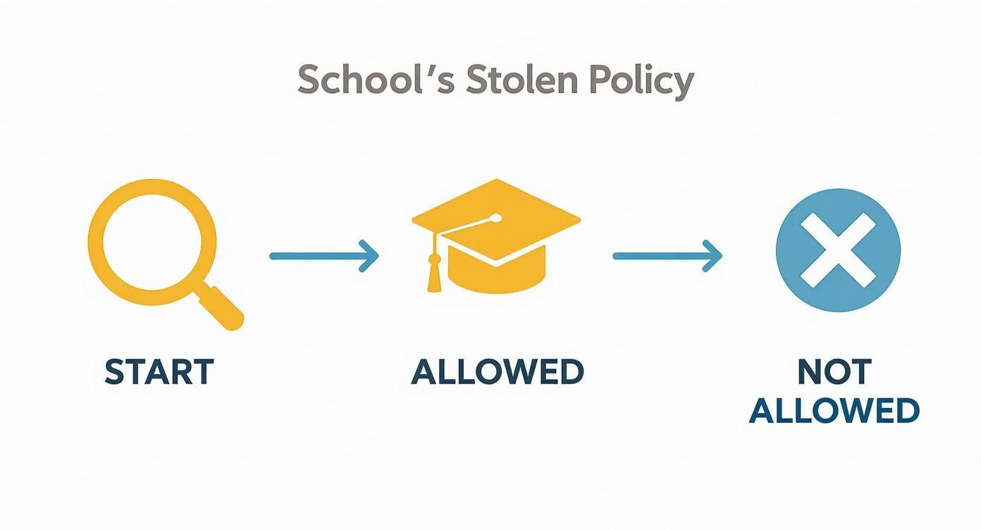 Flowchart showing school's stolen policy progression from investigation start through allowed to not allowed stages