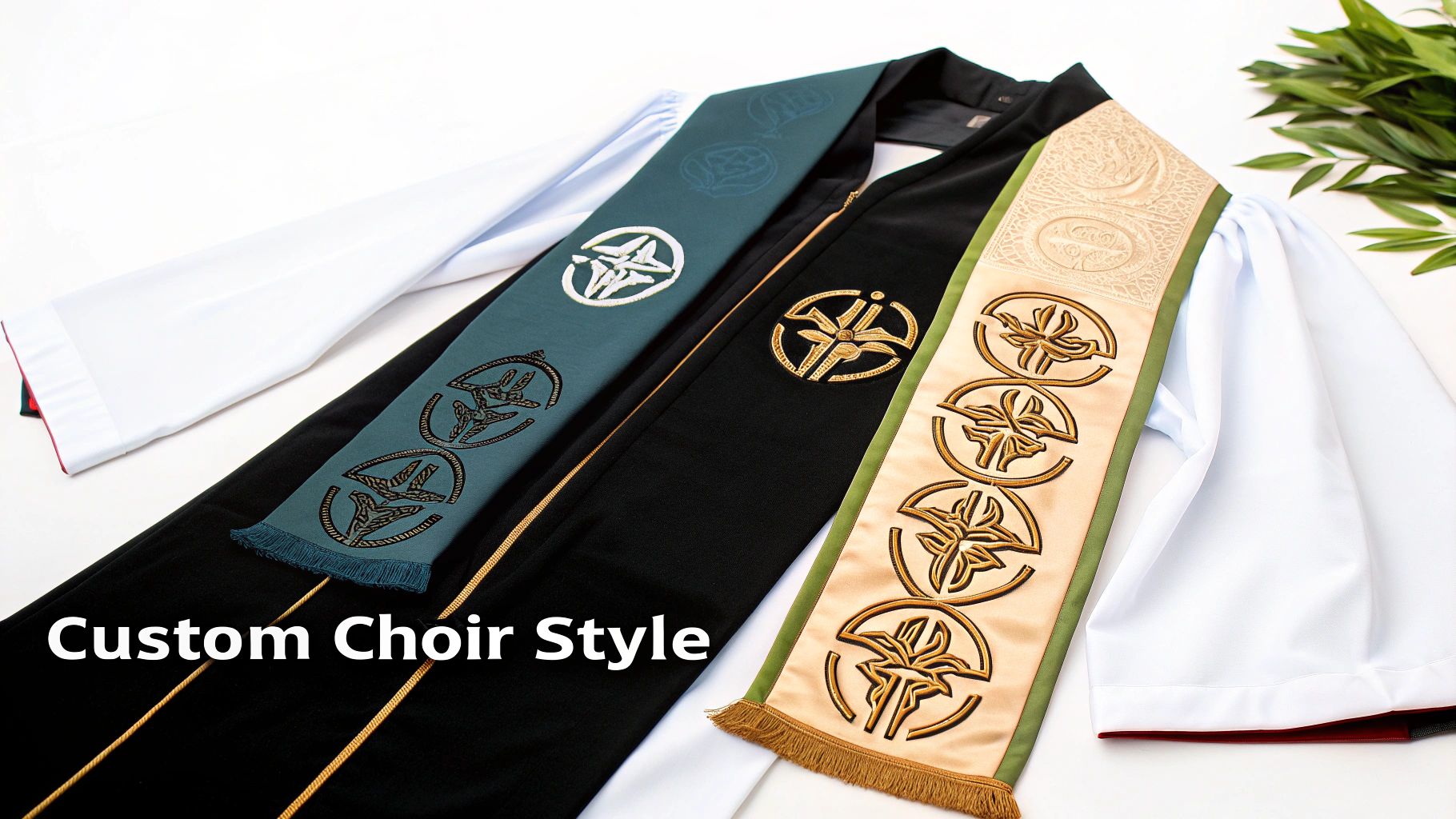 Three custom church stoles with unique embroidered designs laid over white choir robes.
