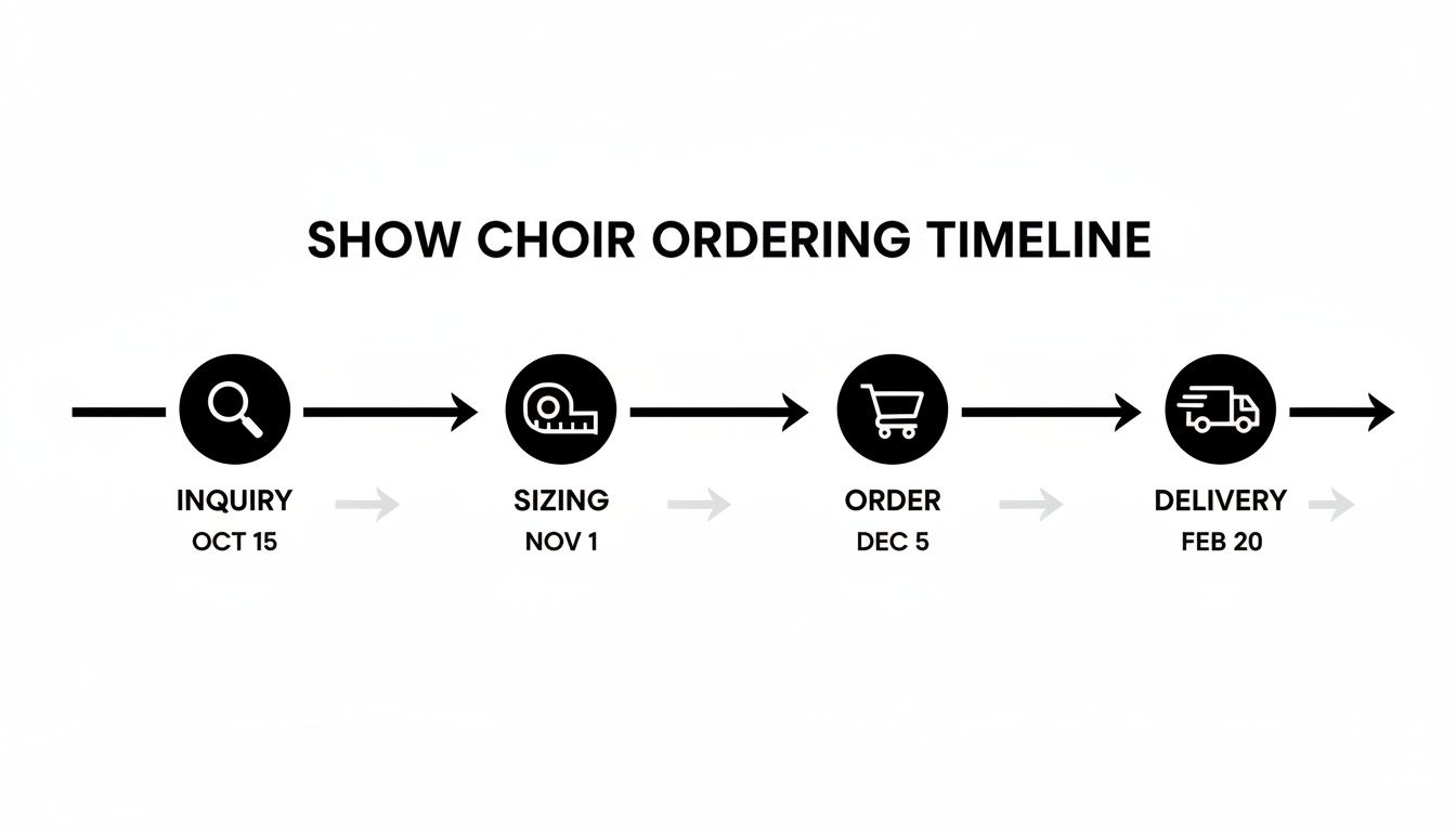 Show choir ordering timeline showing inquiry, sizing, order, and delivery with specific dates.