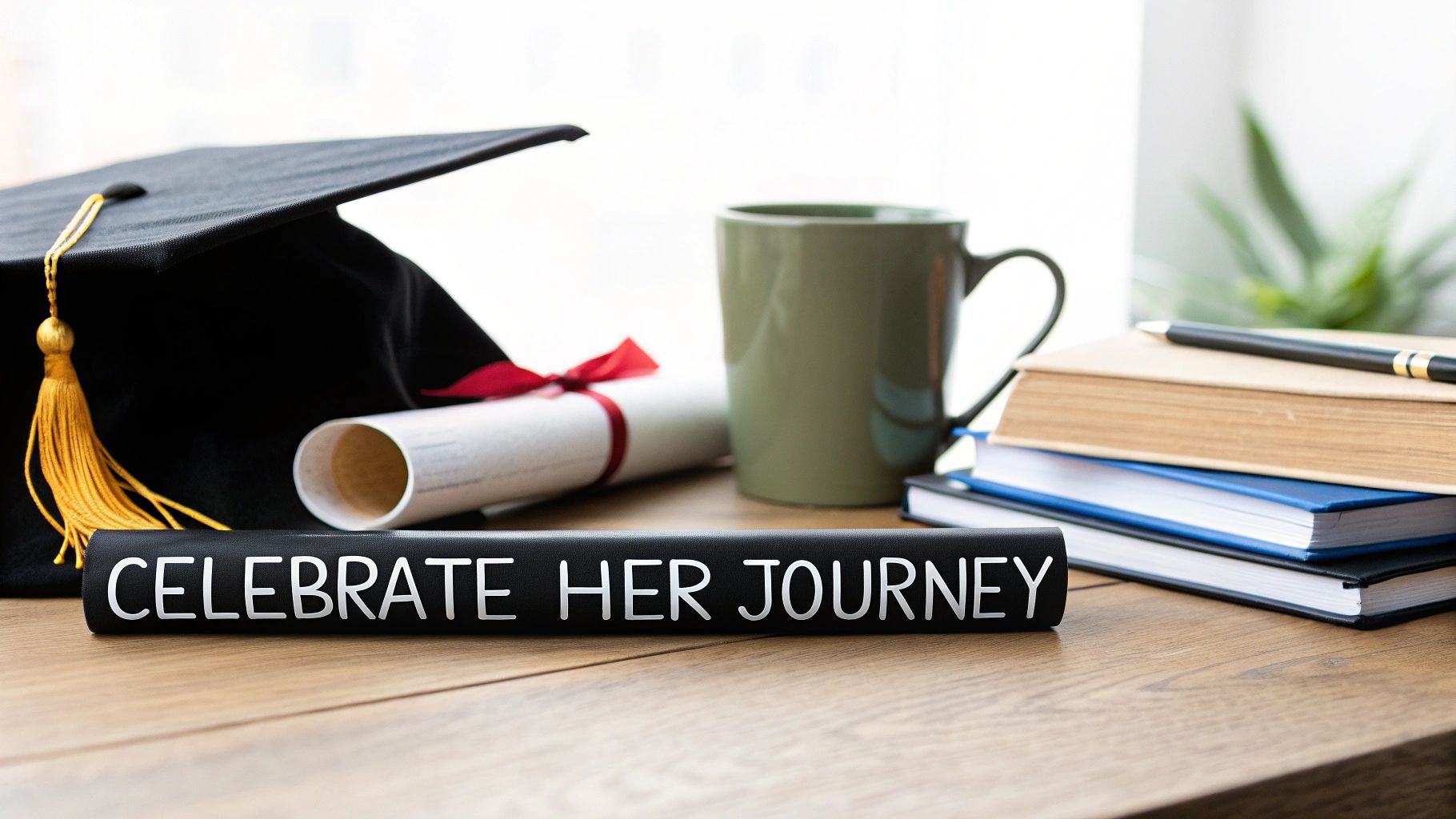 A graduation cap, rolled diploma, books, and coffee mug on a wooden desk, celebrating her journey.