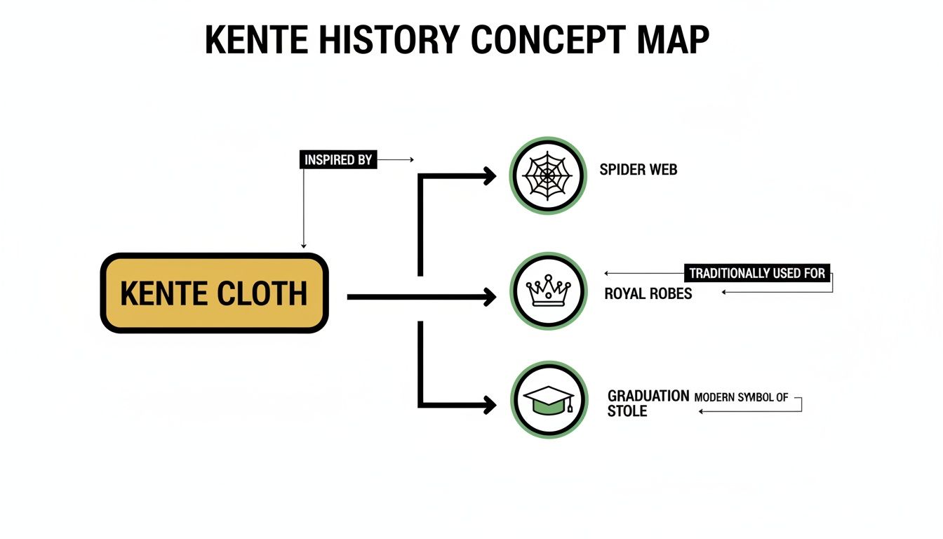 A concept map showing Kente cloth is inspired by spider webs, traditionally used for royal robes, and a modern graduation stole.