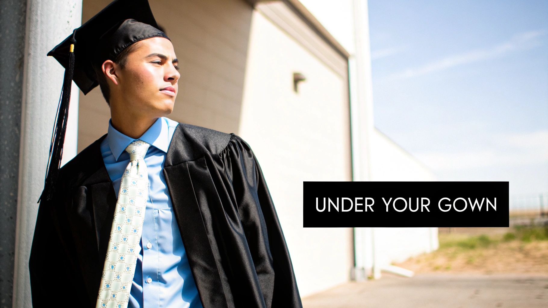 A young male graduate in a black cap and gown, light blue shirt, and patterned tie.