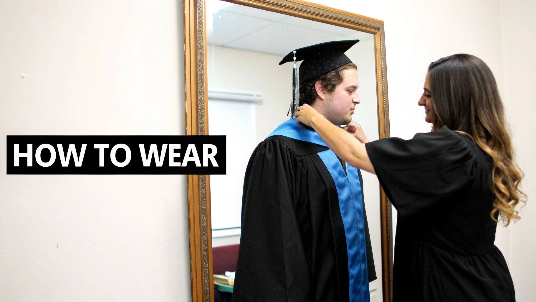 A woman adjusts a blue honor stole on a man wearing a black graduation gown and cap.
