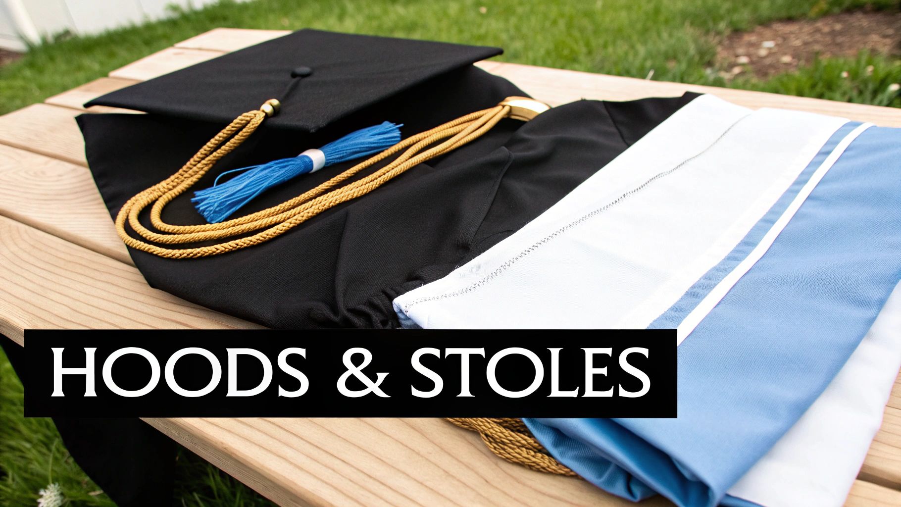 Black graduation cap, gown, gold honor cord, and light blue academic hood on a wooden surface.