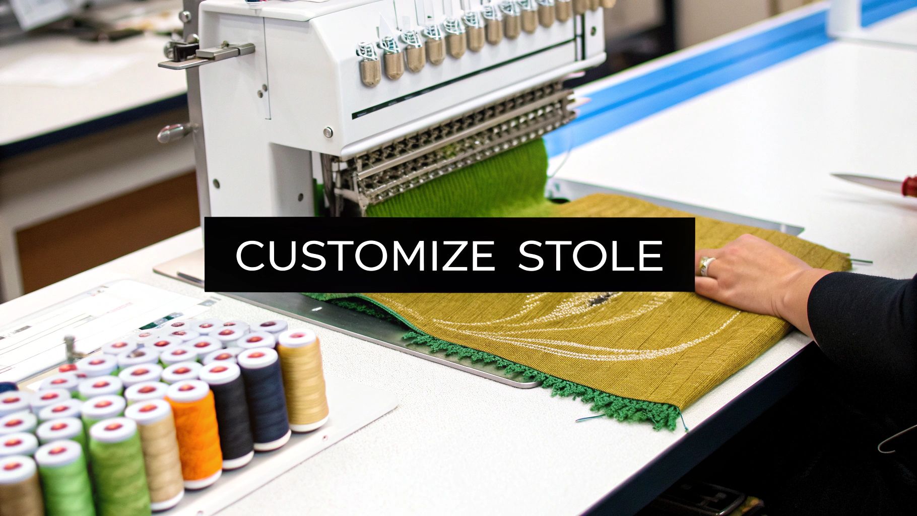 An embroidery machine customizes a gold fabric stole with white thread, alongside colorful spools and a person's hand.