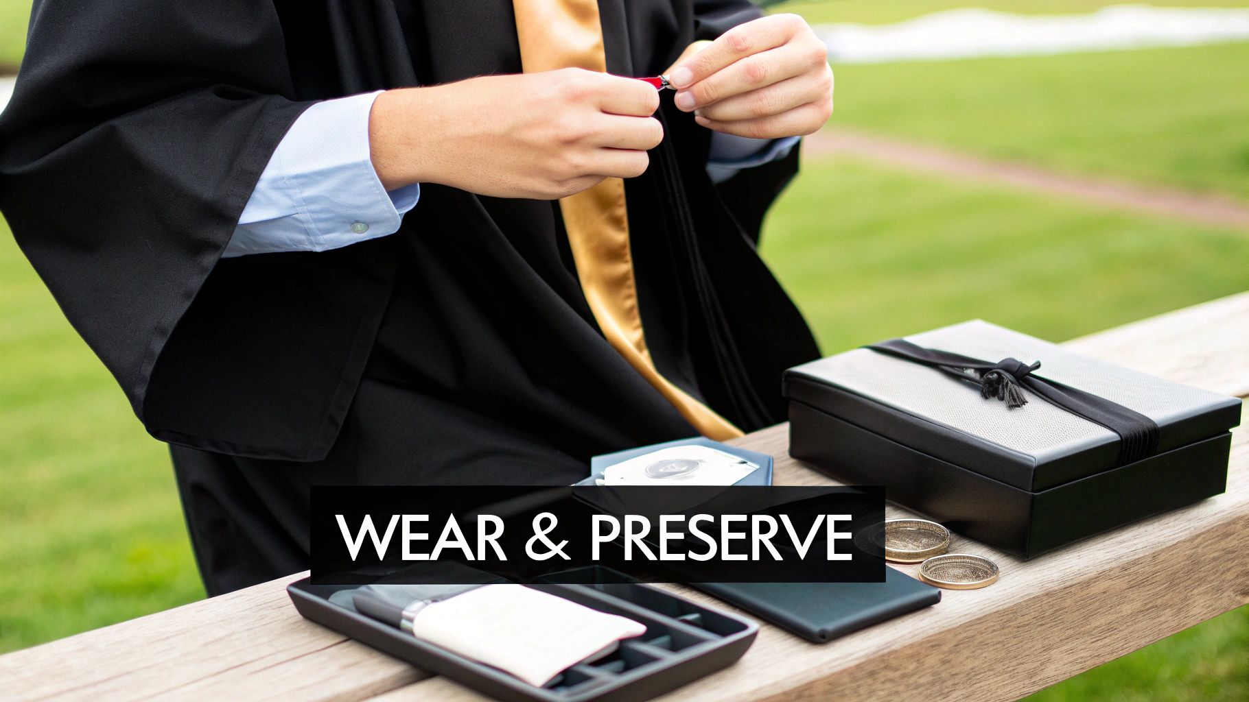 A person in a black graduation gown and gold stole handles graduation accessories on a wooden table.