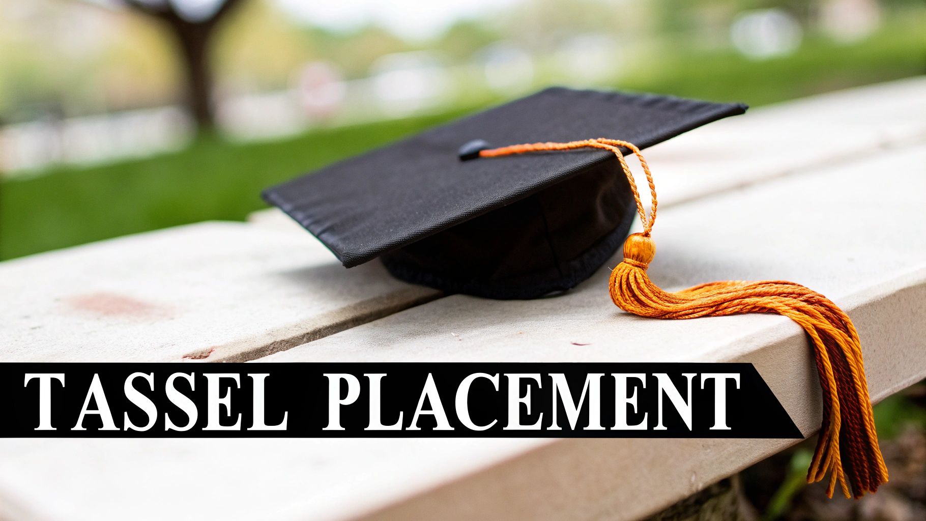 A black graduation cap with an orange tassel rests on a light wooden bench outdoors. Text: Tassel Placement.