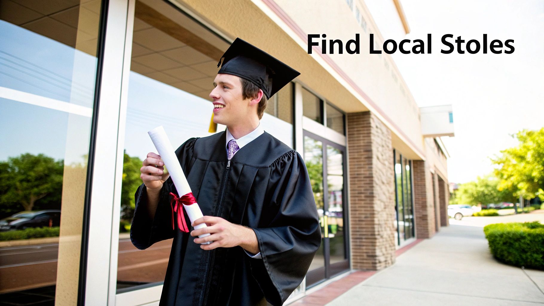 Happy male graduate in cap and gown smiles, holding a rolled diploma with a red ribbon.