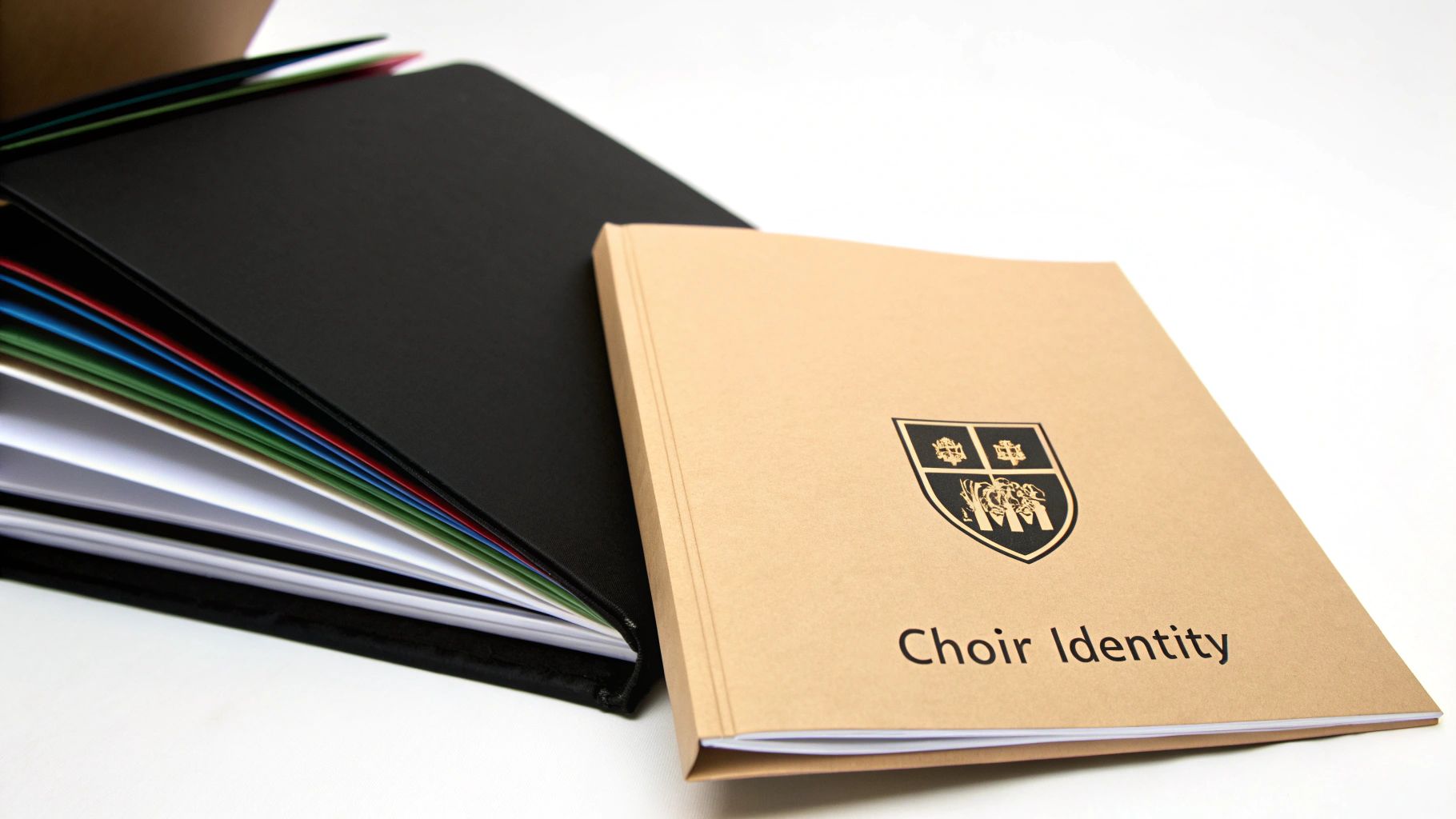 Two folders on a white surface, one open black with colorful tabs, another brown with 'Choir Identity' text.