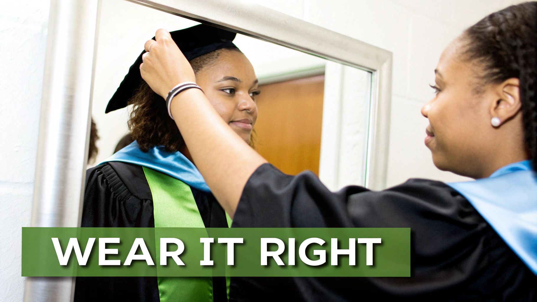 Smiling female graduate adjusting her cap and stole in a mirror, preparing for commencement.