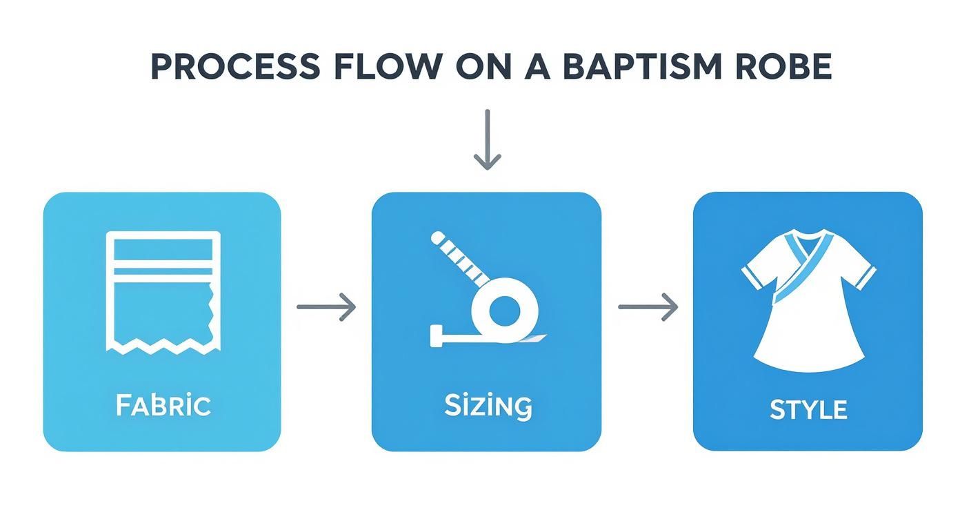 A flowchart showing the three-step process for a baptism robe: fabric selection, sizing, and style.