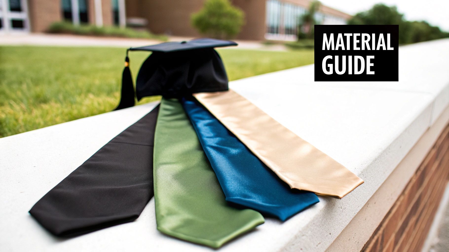 Three custom graduation stoles made from satin polyester and cotton blends
