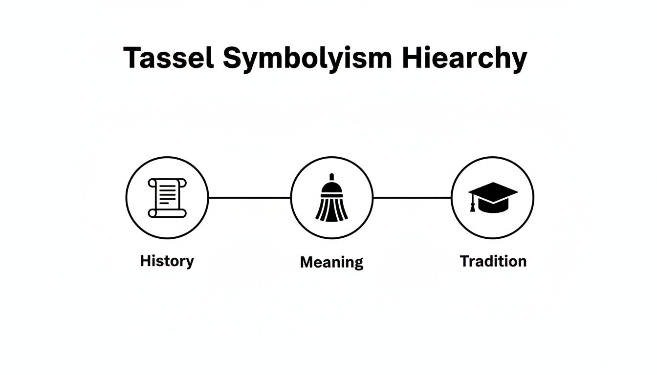 A diagram illustrating the Tassel Symbolism Hierarchy, showing History, Meaning, and Tradition stages with icons.