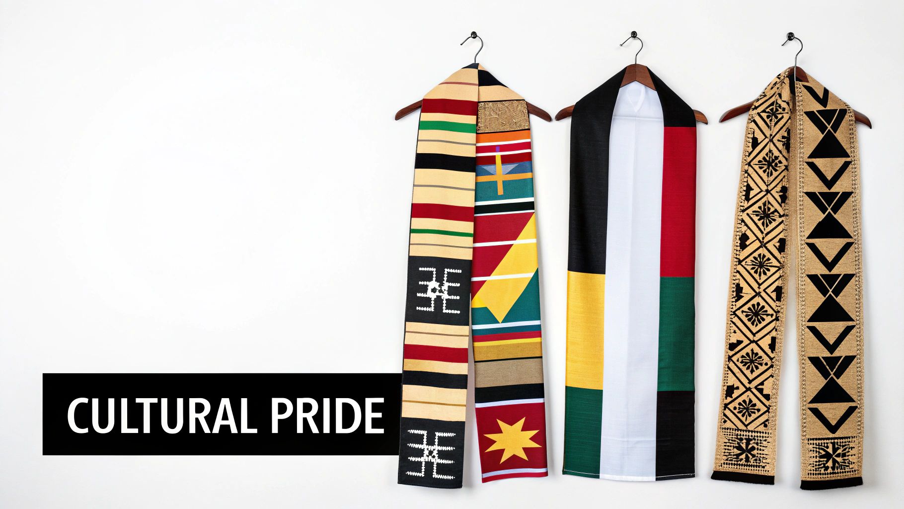 Three diverse cultural stoles with vibrant patterns and colors hang on hangers against a white wall.