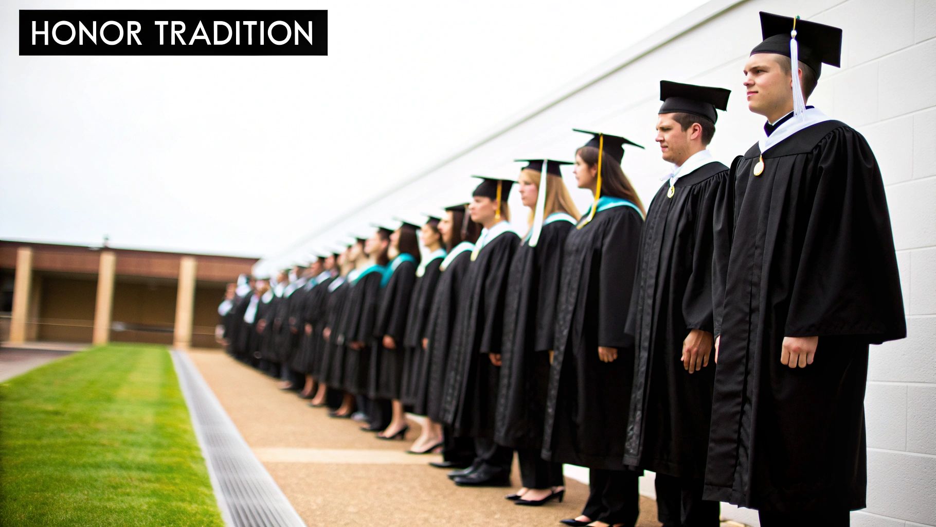 Proud graduates in academic regalia, including black gowns, caps, and stoles, stand in a row.