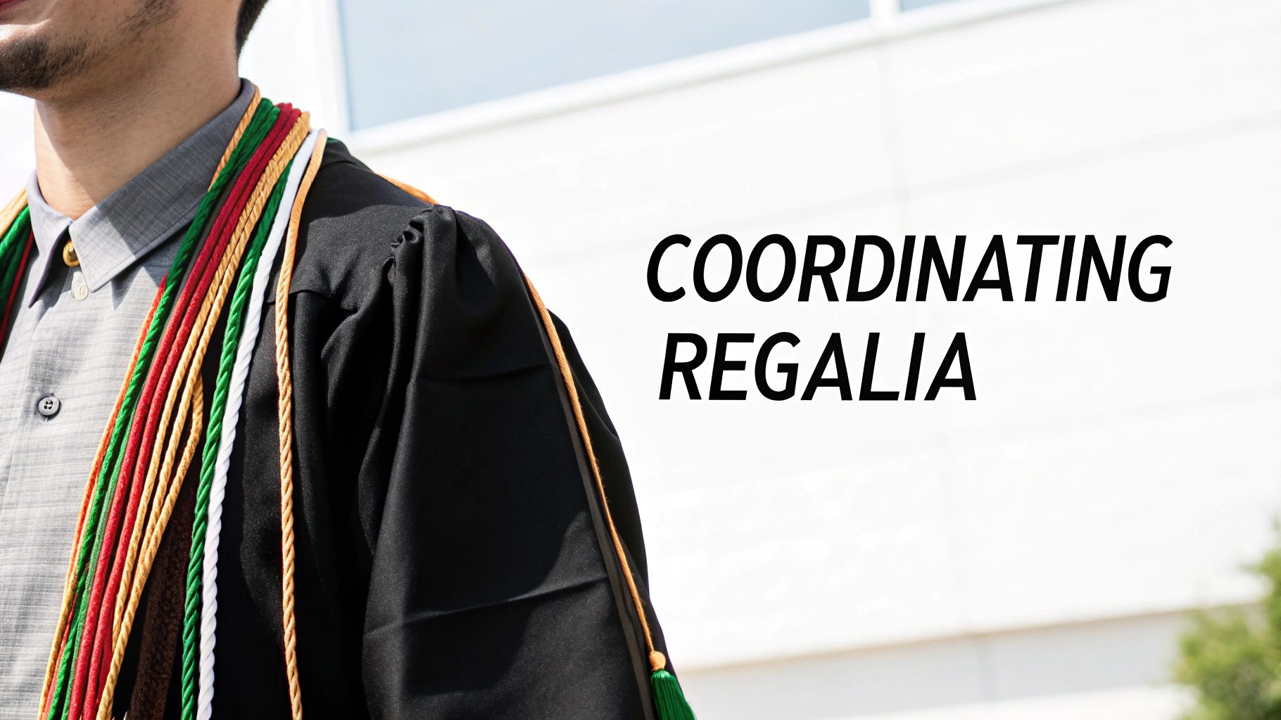 A graduate wearing a black gown, gray shirt, and numerous colorful honors cords.